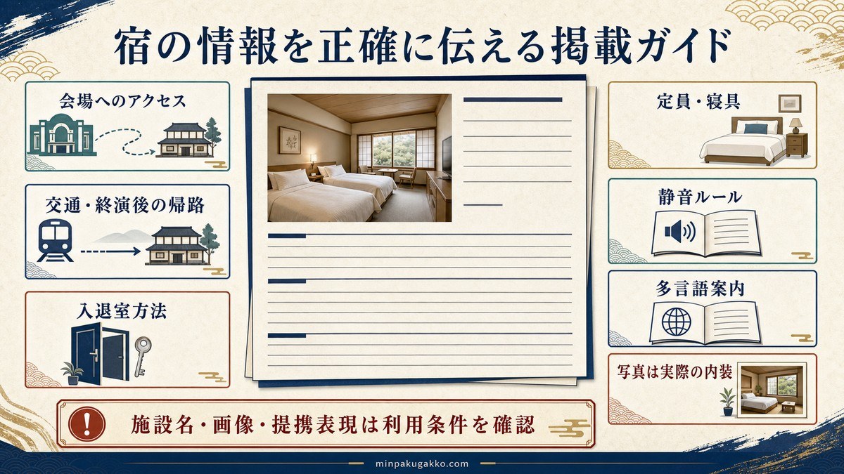 宿泊情報を会場アクセス、帰路、入退室、定員、静音、多言語、実際の内装写真で正確に伝える図解