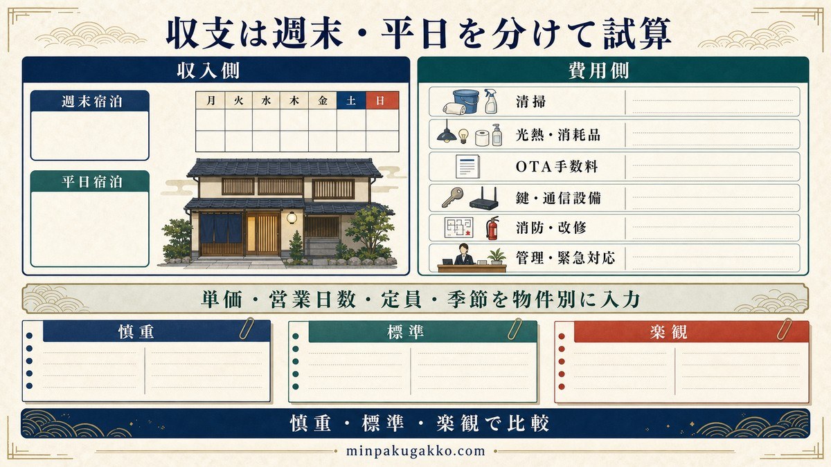 民泊の収入と清掃、光熱、OTA手数料、設備、消防、管理費を週末と平日に分けて試算する図解