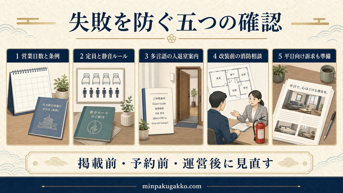 営業日数、定員と静音、多言語案内、消防相談、平日向け訴求の確認事項を整理した図解