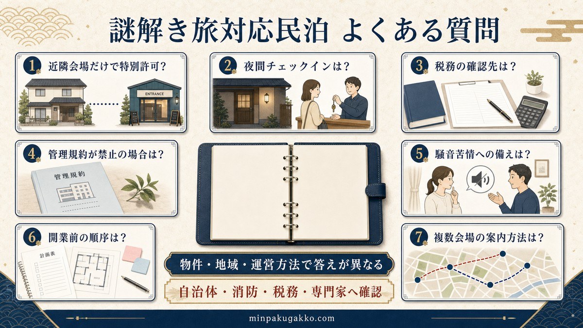 謎解き旅行対応民泊の許可、夜間入室、税務、管理規約、騒音、開業手順、会場案内のFAQ図解