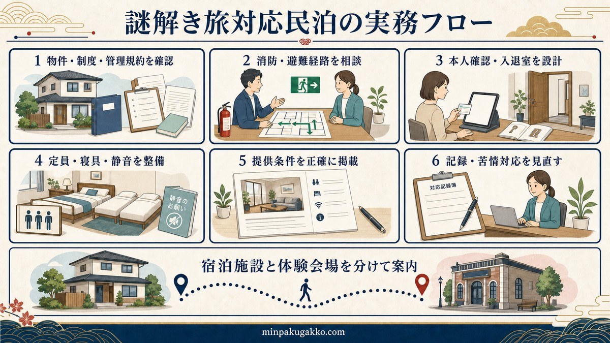 謎解き旅行対応民泊を制度、消防、本人確認、設備、掲載、記録の順に進める実務フロー図解