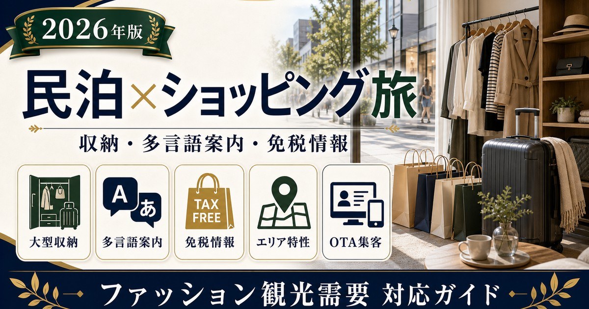 民泊のファッション・ショッピング観光需要、収納、多言語案内、免税情報、エリア特性、OTA集客を解説するアイキャッチ画像