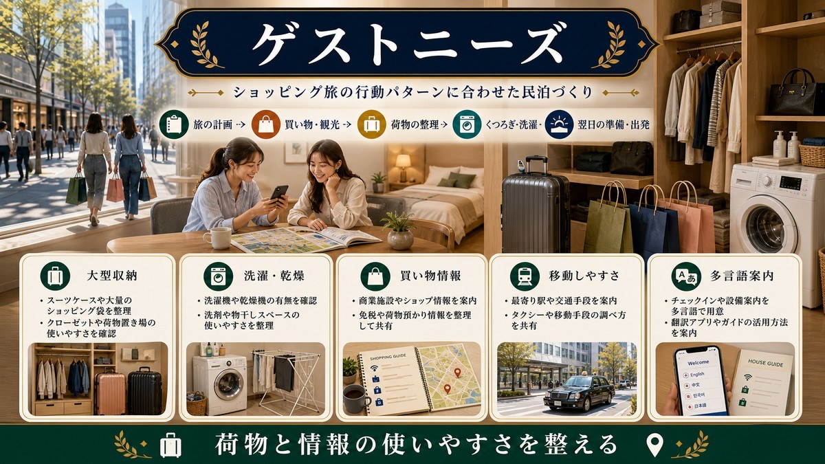 ショッピングゲストのニーズとして大型収納、洗濯・乾燥、買い物情報、移動しやすさ、多言語案内を整理した図解