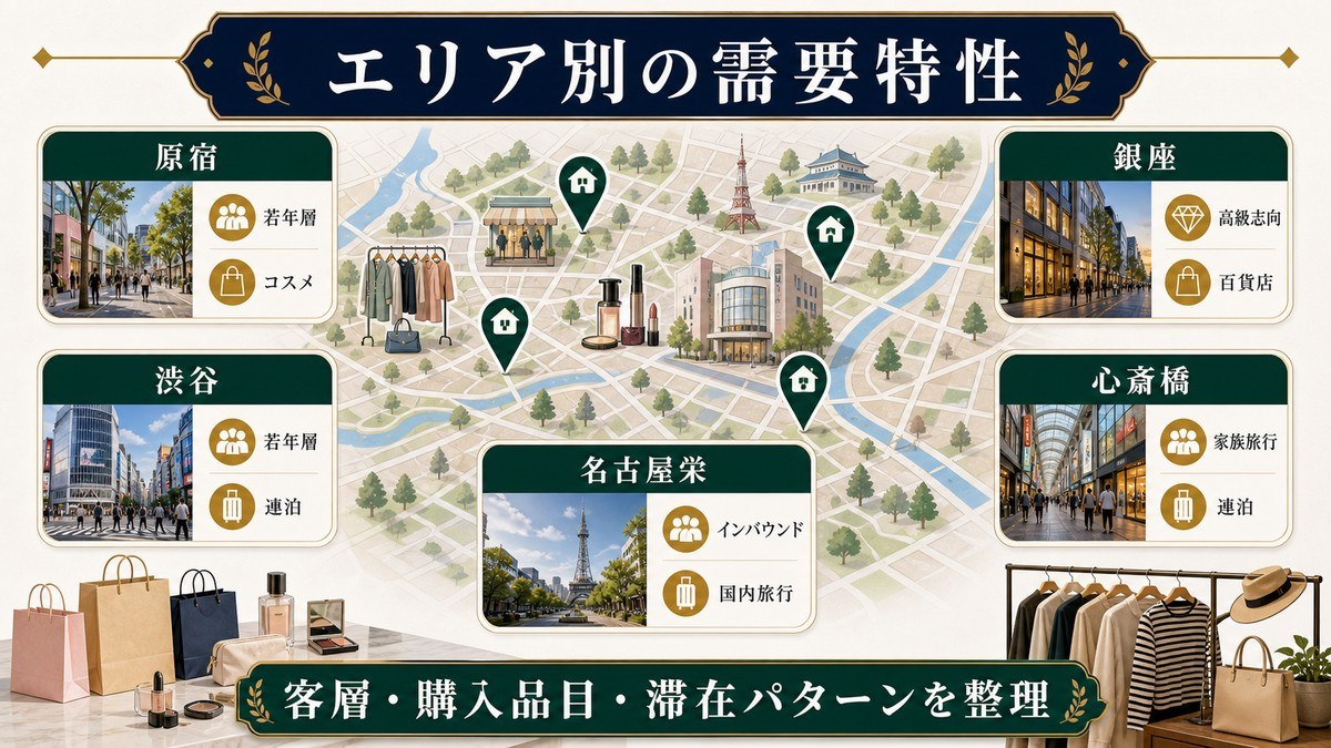 ファッション・ショッピング観光のエリア別需要特性として原宿、渋谷、銀座、心斎橋、名古屋栄を整理した図解