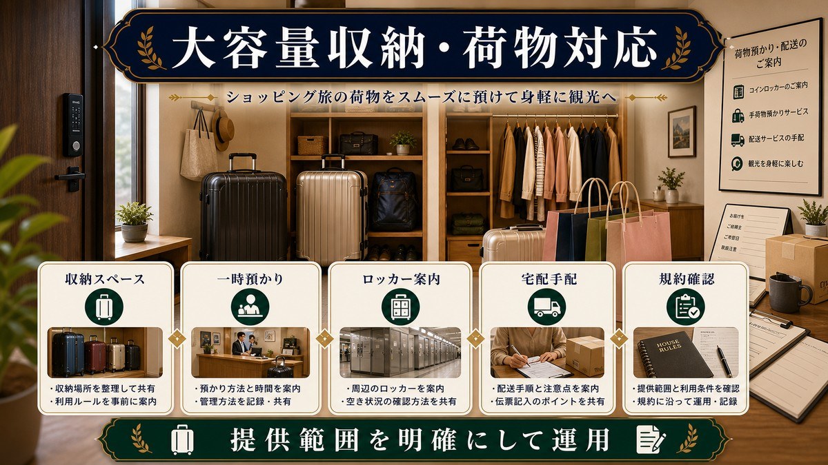 ショッピング民泊の大容量収納と荷物対応として収納スペース、一時預かり、ロッカー案内、宅配手配、規約確認を整理した図解