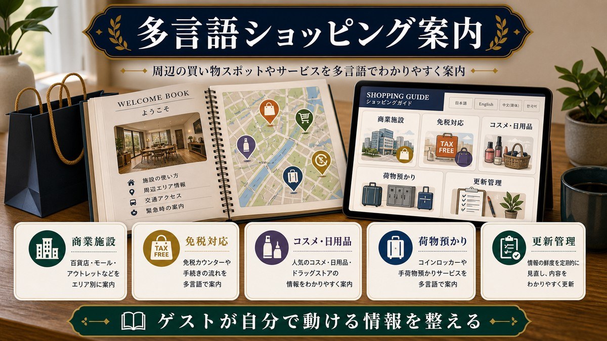 近隣ショッピング情報の多言語案内として商業施設、免税対応、コスメ・日用品、荷物預かり、更新管理を整理した図解