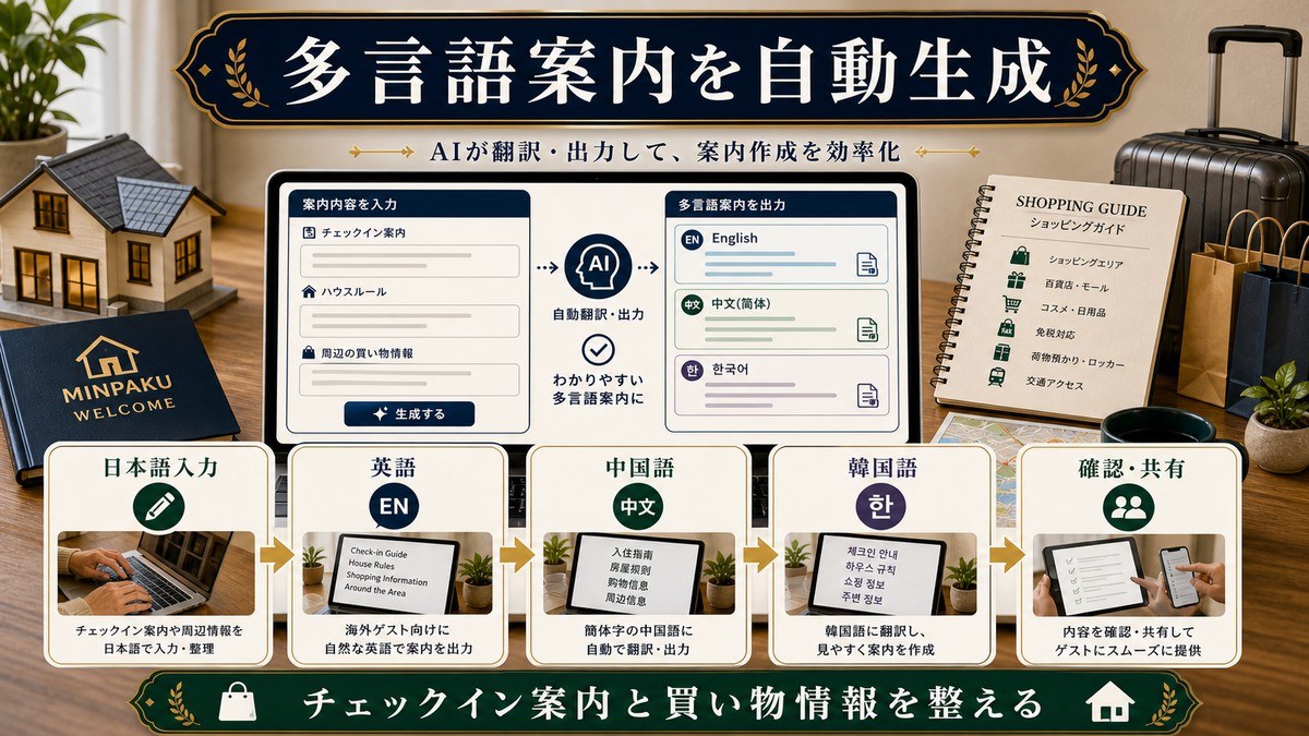 多言語案内生成の流れとして日本語入力、英語、中国語、韓国語、確認・共有を整理した図解