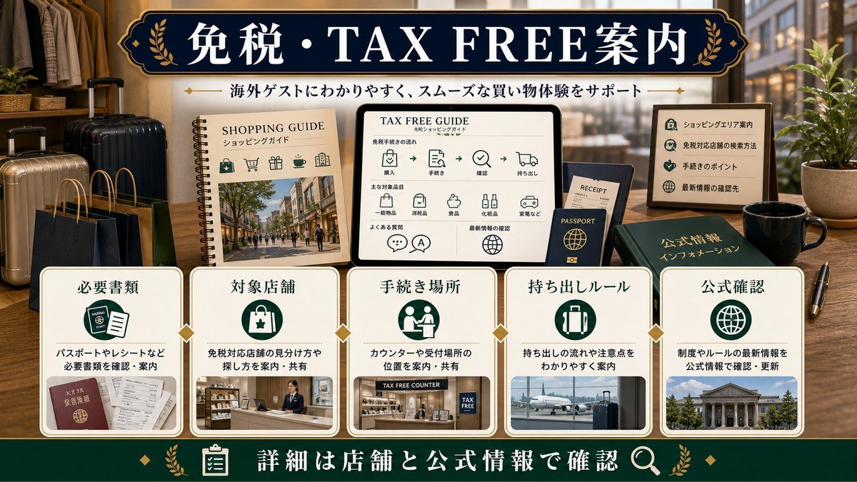 免税・TAX FREE案内として必要書類、対象店舗、手続き場所、持ち出しルール、公式確認を整理した図解