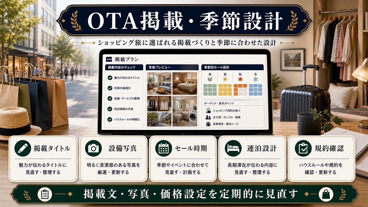 ショッピング民泊のOTA掲載と季節設計として掲載タイトル、設備写真、セール時期、連泊設計、規約確認を整理した図解