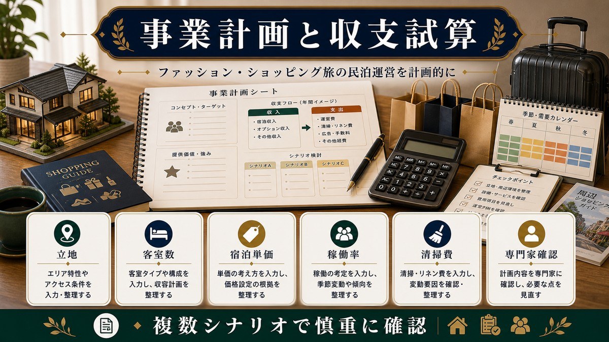 ファッション・ショッピング民泊の事業計画と収支試算として立地、客室数、宿泊単価、稼働率、清掃費、専門家確認を整理した図解