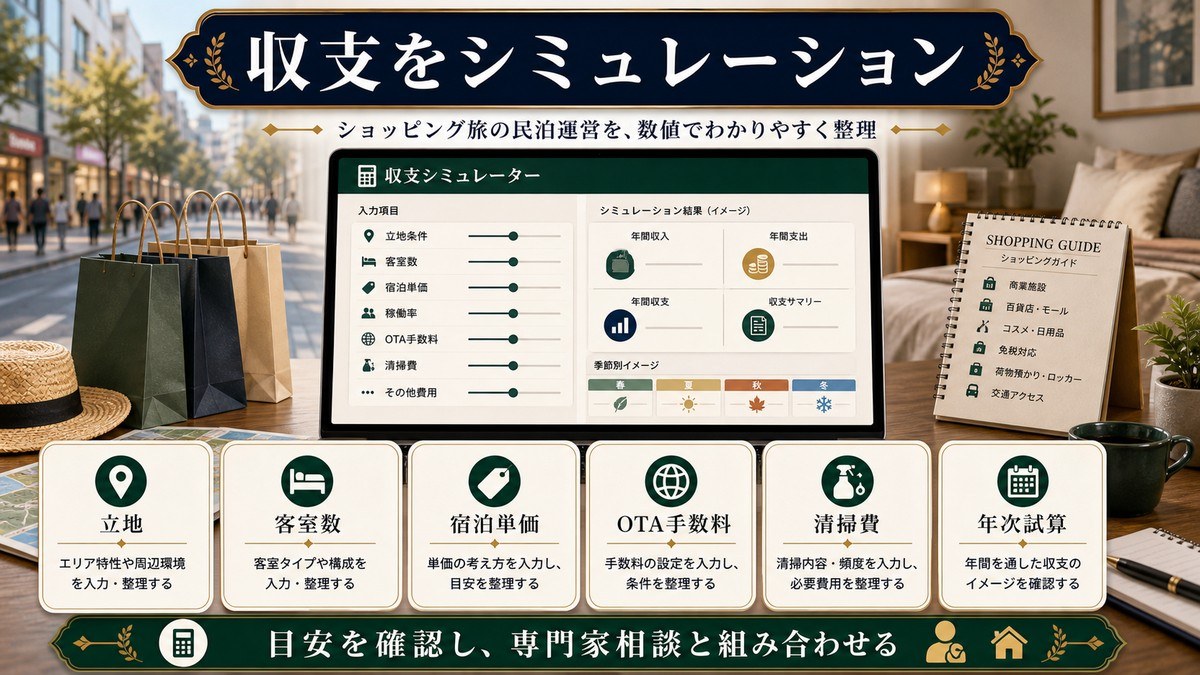 ショッピング民泊の収支シミュレーションとして立地、客室数、宿泊単価、OTA手数料、清掃費、年次試算を整理した図解