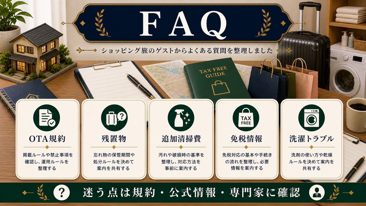 ショッピング民泊のFAQとしてOTA規約、残置物、追加清掃費、免税情報、洗濯トラブルを整理した図解