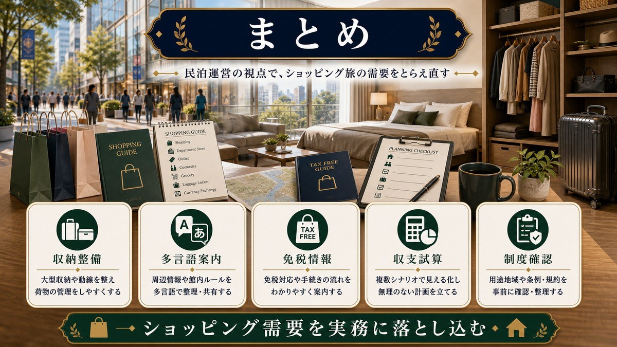 ショッピング観光需要を取り込む民泊運営のまとめとして収納整備、多言語案内、免税情報、収支試算、制度確認を整理した図解