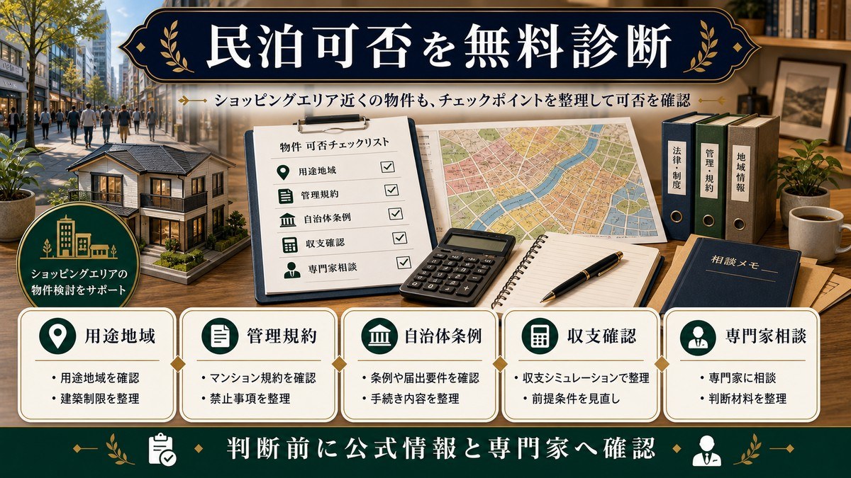 ショッピングエリア近辺の物件の民泊可否診断として用途地域、管理規約、自治体条例、収支確認、専門家相談を整理した図解