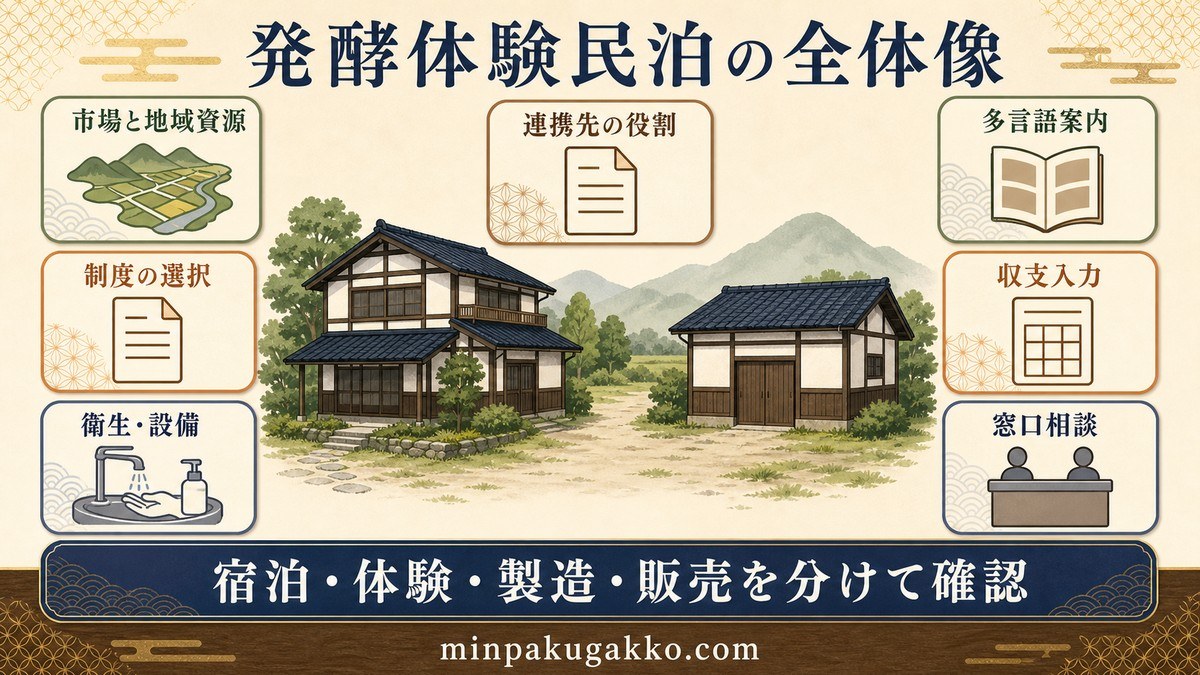 発酵体験民泊について市場、連携先、制度、衛生設備、多言語案内、収支、窓口相談の全体像を整理した図解