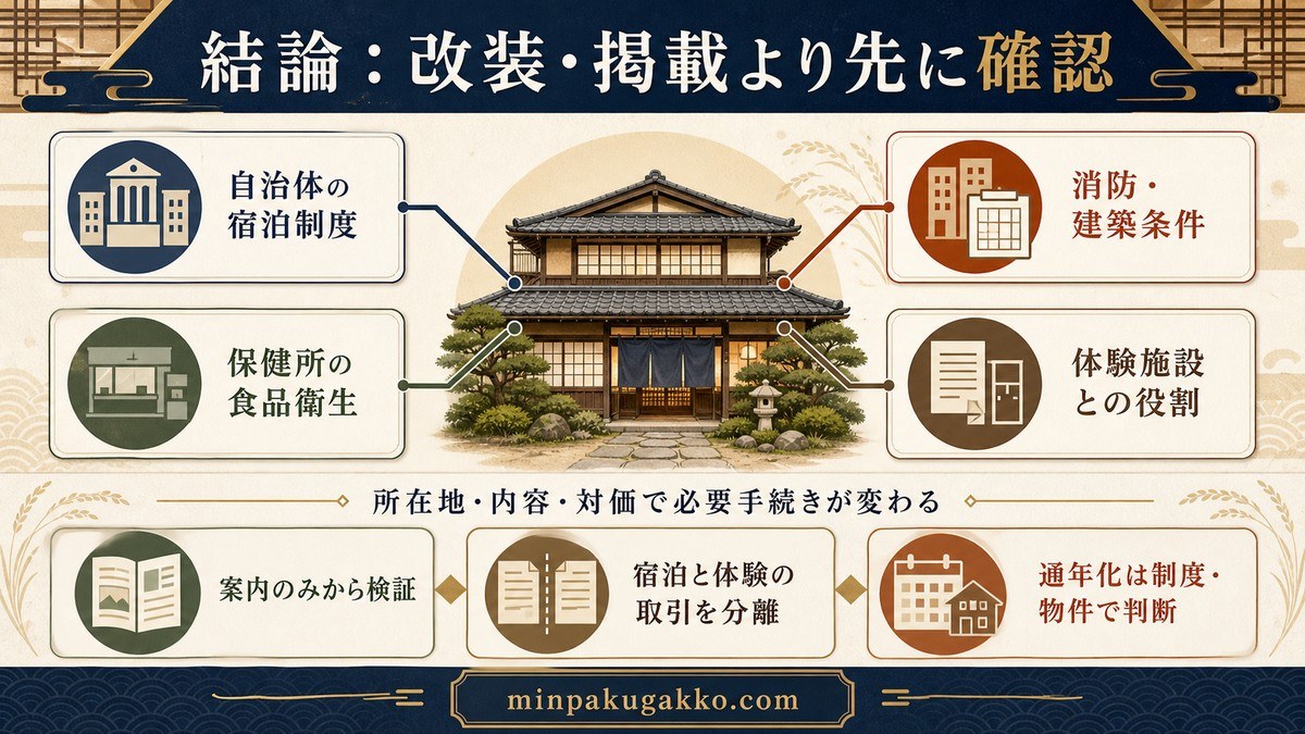発酵体験民泊で改装や掲載より先に自治体、保健所、消防、建築条件、連携先の役割を確認する流れの図解