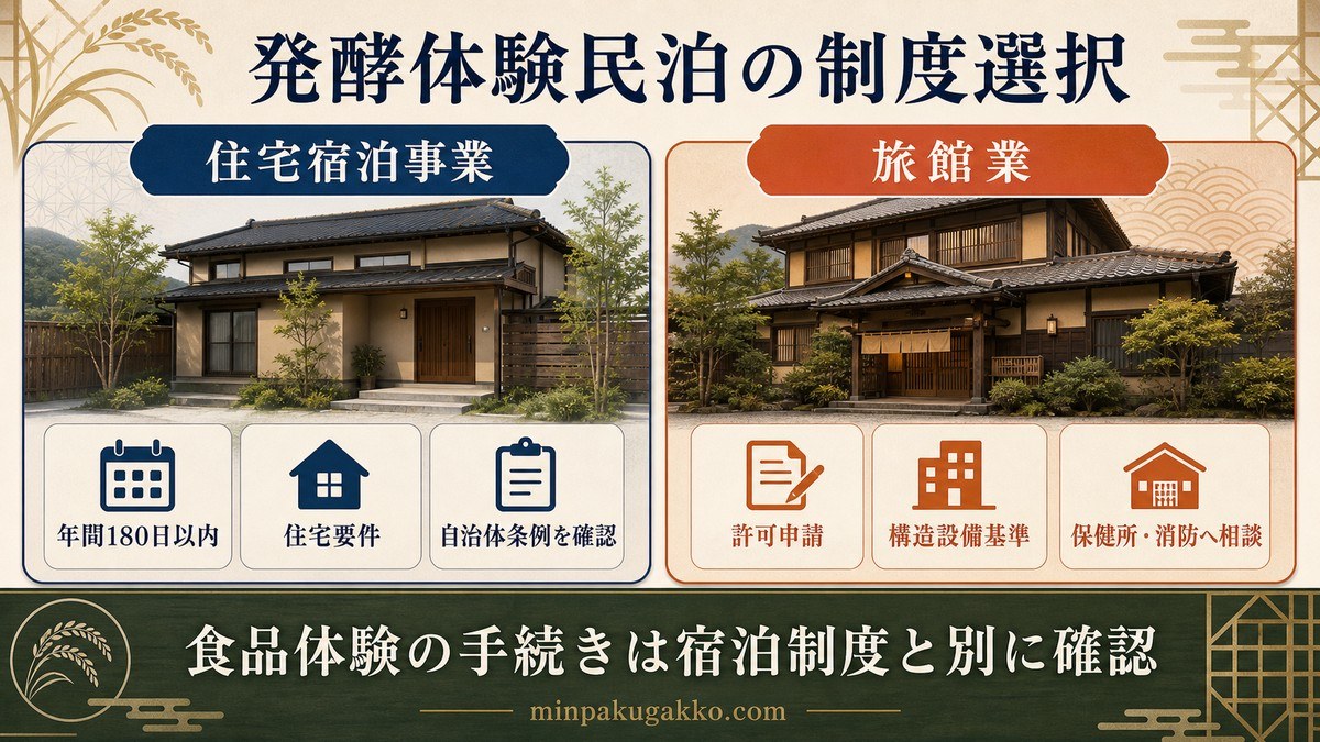 住宅宿泊事業と旅館業の制度上の確認点に加えて食品体験の手続きを別に確認することを示した比較図解