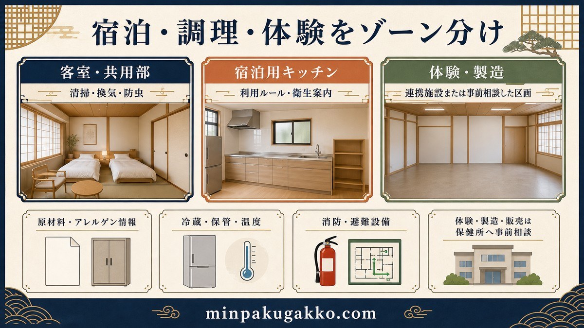 宿泊の客室と共用部、宿泊用キッチン、体験や製造の区画を分けて衛生設備と案内を整理した図解
