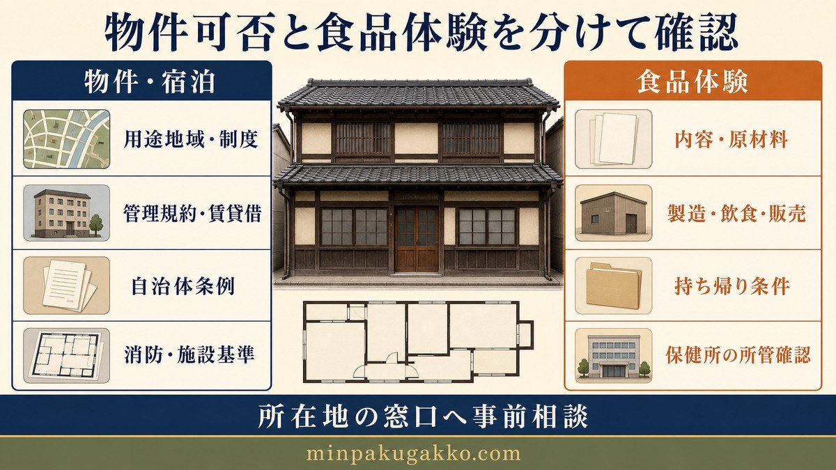 民泊物件の可否と食品体験の手続きを二つの確認経路に分け、所在地の窓口相談へつなぐ図解