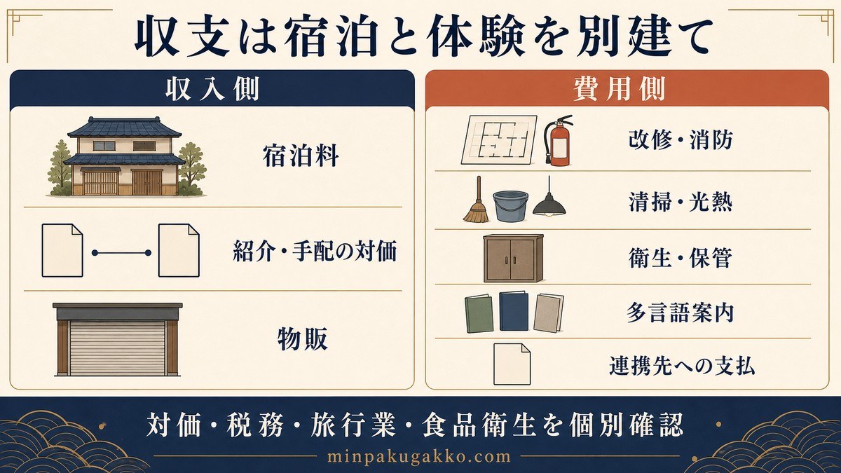 発酵体験連携型民泊の収入と費用を宿泊、紹介や手配、物販、改修、清掃、衛生、多言語、連携費に分けた図解