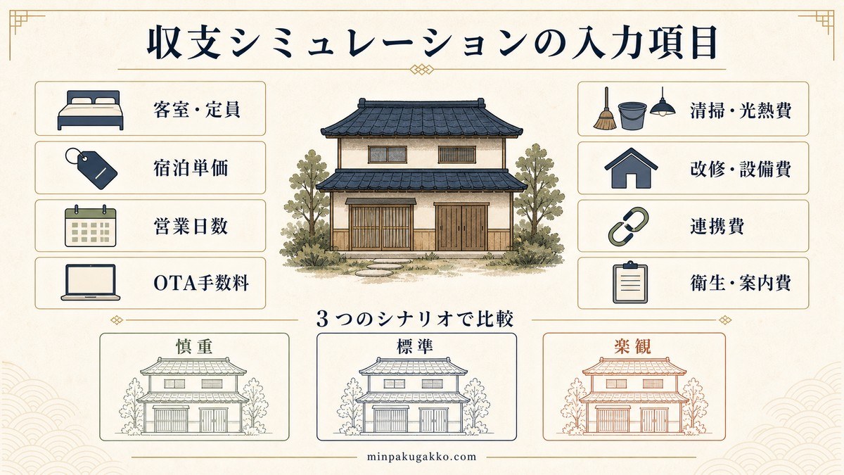 民泊の収支シミュレーションに必要な客室、単価、営業日数、手数料、経費、改修費、連携費、案内費を整理した図解