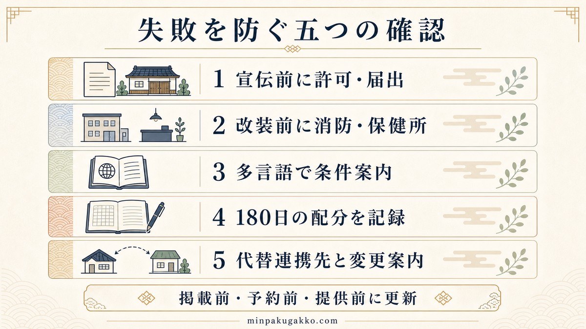 宣伝前の許可届出、改装前の消防と保健所、多言語案内、営業日数の記録、代替連携先を確認する五段階の図解