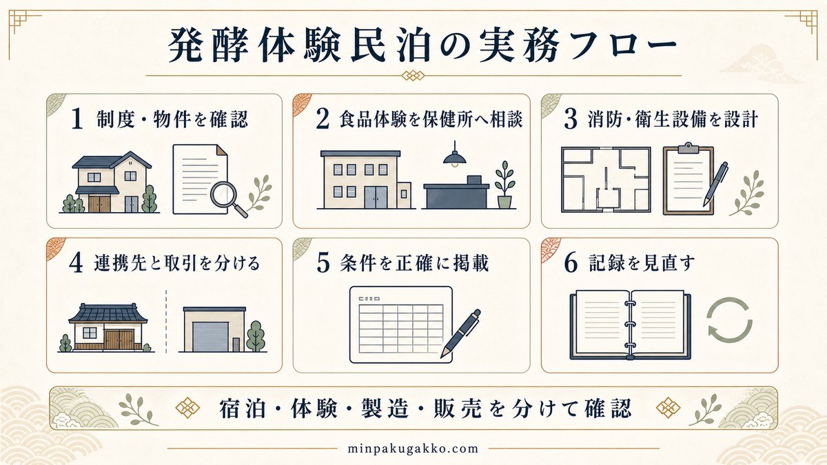発酵体験民泊の実務を制度と物件、保健所相談、消防と衛生設備、連携取引、掲載条件、記録見直しの六段階にまとめた図解
