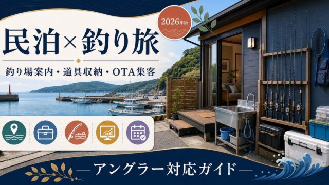 民泊の釣り・アングリング観光需要、釣り場近隣立地、釣り具収納、インバウンド対応、OTA集客を解説するアイキャッチ画像