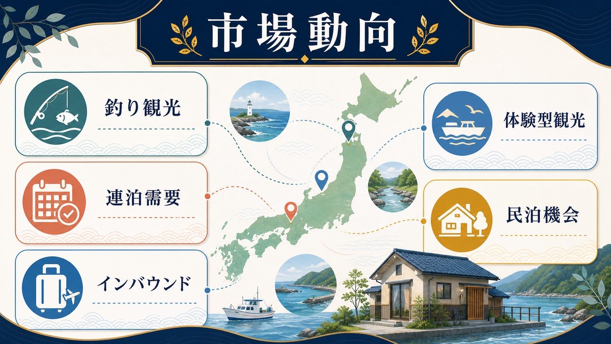 釣り・アングリングツーリズムの市場動向として釣り観光、連泊需要、インバウンド、体験型観光、民泊機会を整理した図解