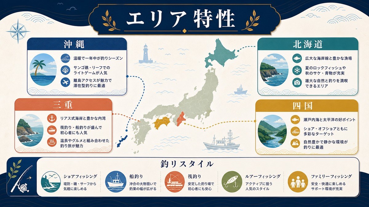人気釣りエリア別の需要特性として沖縄、三重、北海道、四国、釣りスタイルを整理した図解