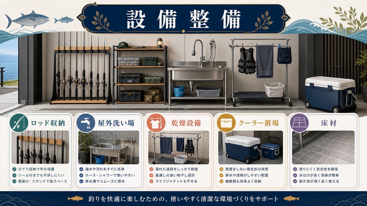 釣り民泊の設備整備としてロッド収納、屋外洗い場、乾燥設備、クーラー置場、床材を整理した図解