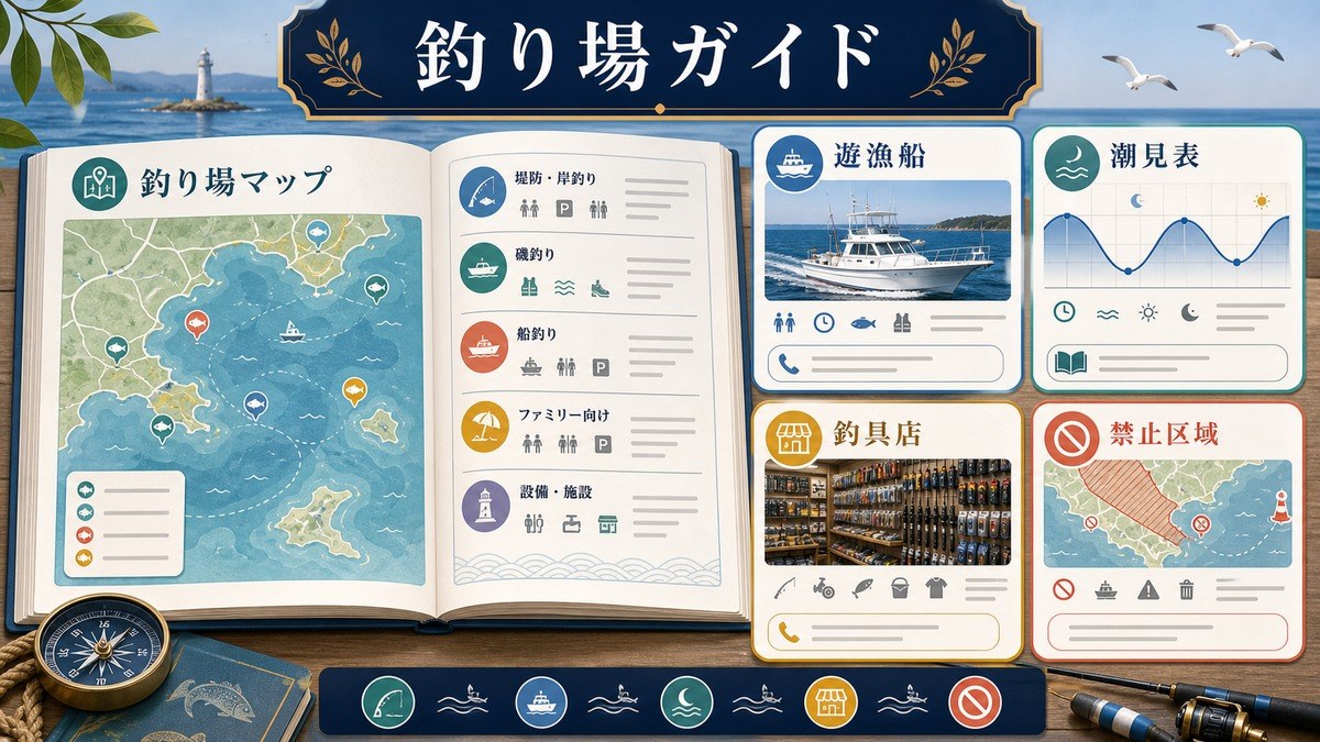 近隣釣り場ガイドとして釣り場マップ、遊漁船、潮見表、釣具店、禁止区域を整理した図解