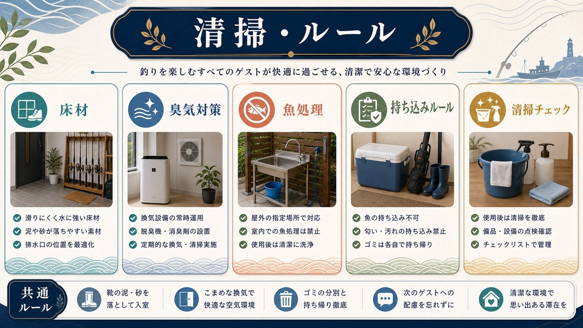 釣り道具汚れ対応の清掃・ルールとして床材、臭気対策、魚処理、持ち込みルール、清掃チェックを整理した図解