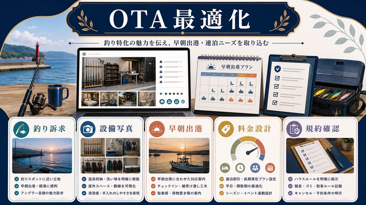 釣り民泊のOTA最適化として釣り訴求、設備写真、早朝出港、料金設計、規約確認を整理した図解