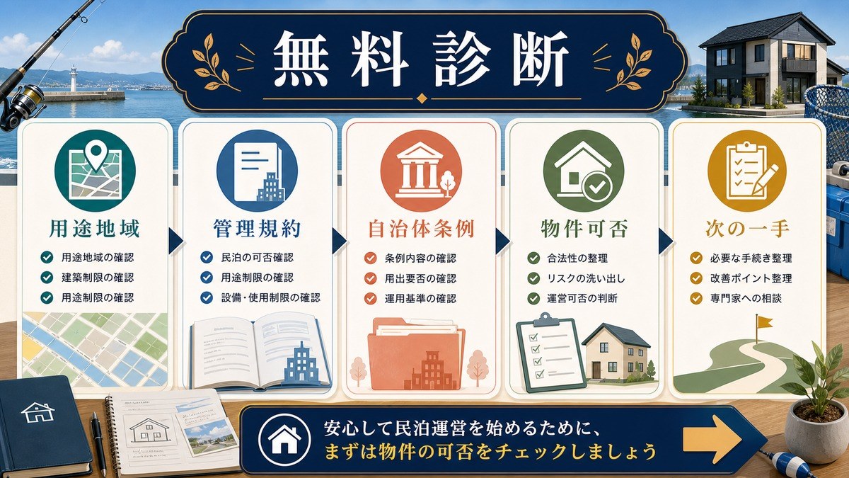 民泊可否の無料診断として用途地域、管理規約、自治体条例、物件可否、次の一手を確認する図解