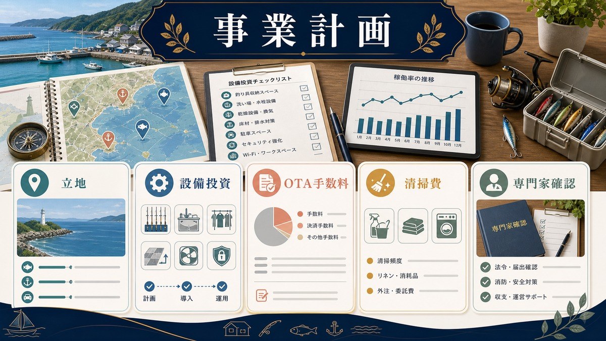 釣り民泊の事業計画として立地、設備投資、OTA手数料、清掃費、専門家確認を整理した図解