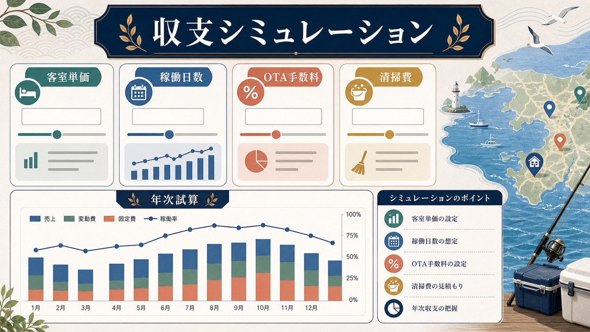 釣り民泊の収支シミュレーションとして客室単価、稼働日数、OTA手数料、清掃費、年次試算を整理した図解
