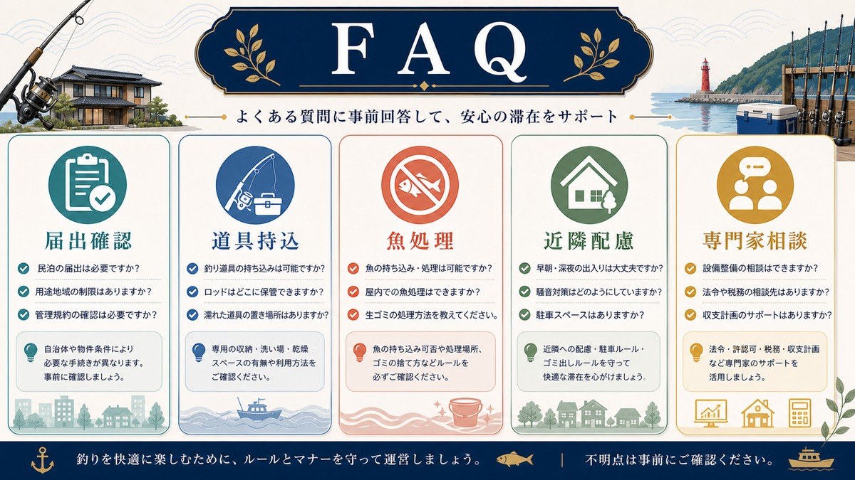 釣り民泊のFAQとして届出確認、道具持込、魚処理、近隣配慮、専門家相談を整理した図解