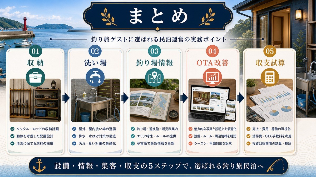 釣り客を引き込む民泊運営の実務ポイントとして収納、洗い場、釣り場情報、OTA改善、収支試算を整理した図解