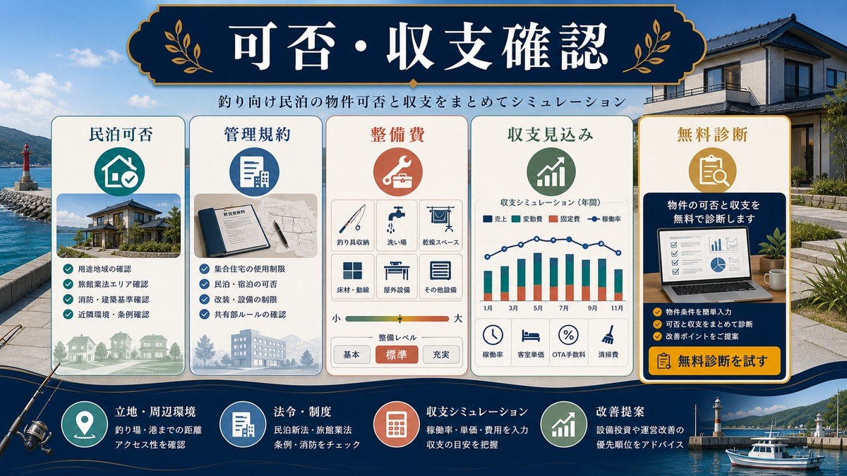 民泊の可否診断と収支確認として民泊可否、管理規約、整備費、収支見込み、無料診断を整理した図解