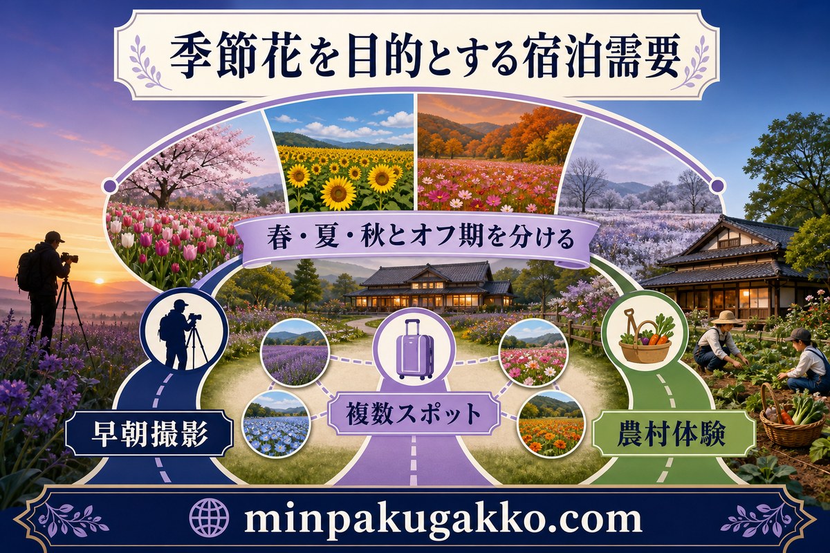 早朝撮影、複数の花スポット、農村体験と季節ごとの需要を整理した花観光民泊の図