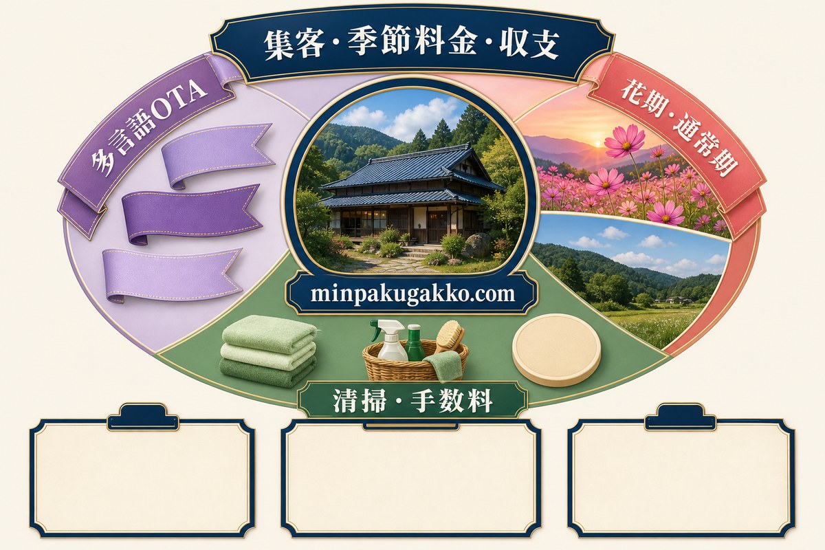 多言語OTA、花期と通常期、清掃費と手数料を分けて複数条件で収支を試算する図