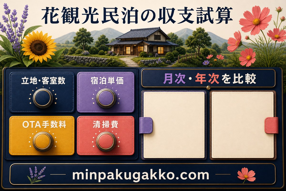 立地、客室数、宿泊単価、OTA手数料、清掃費から月次と年次を比較する花観光民泊の収支試算図