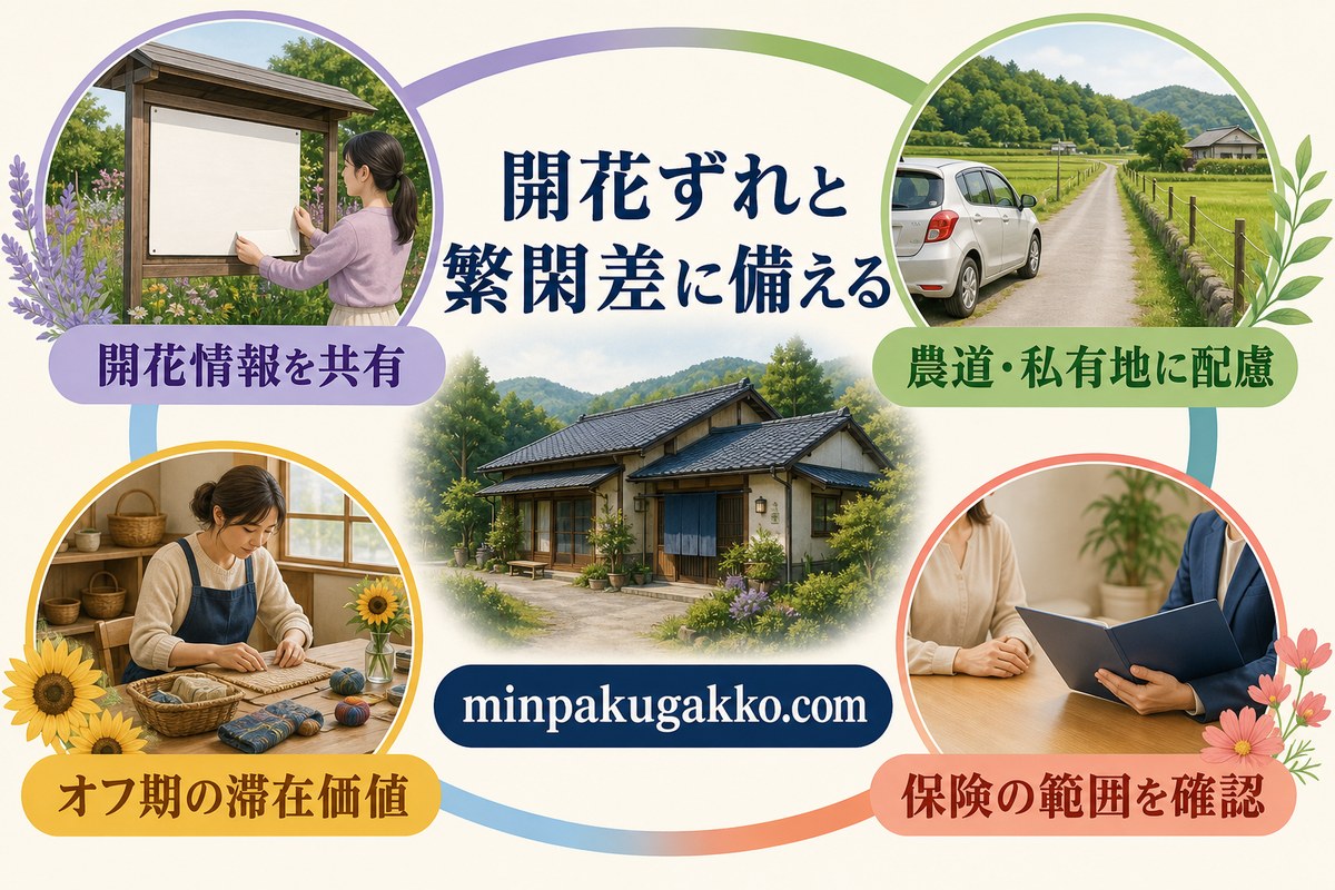 開花情報の共有、農道と私有地への配慮、オフ期の滞在価値、保険確認で繁閑差に備える図