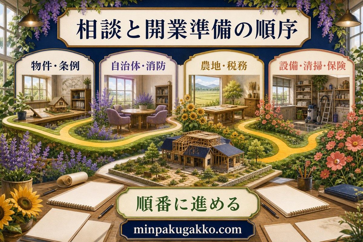 物件と条例、自治体と消防、農地と税務、設備と清掃と保険を順番に確認する図