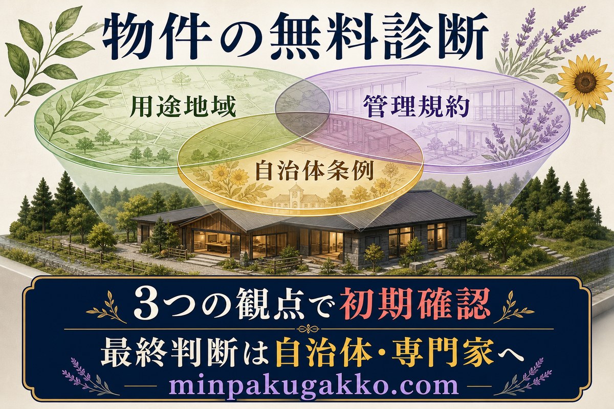 用途地域、管理規約、自治体条例の三つの観点で花観光地周辺物件を初期確認する無料診断図