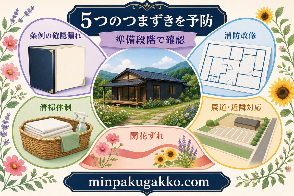 条例確認、消防改修、清掃体制、開花ずれ、農道と近隣対応の五つのつまずきを予防する図