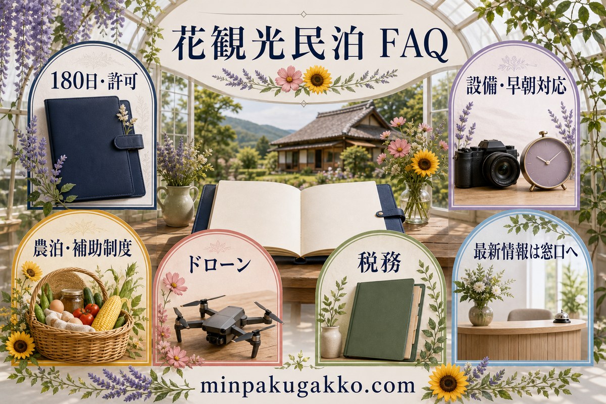 180日と許可、設備と早朝対応、農泊と補助制度、ドローン、税務を整理した花観光民泊のFAQ図