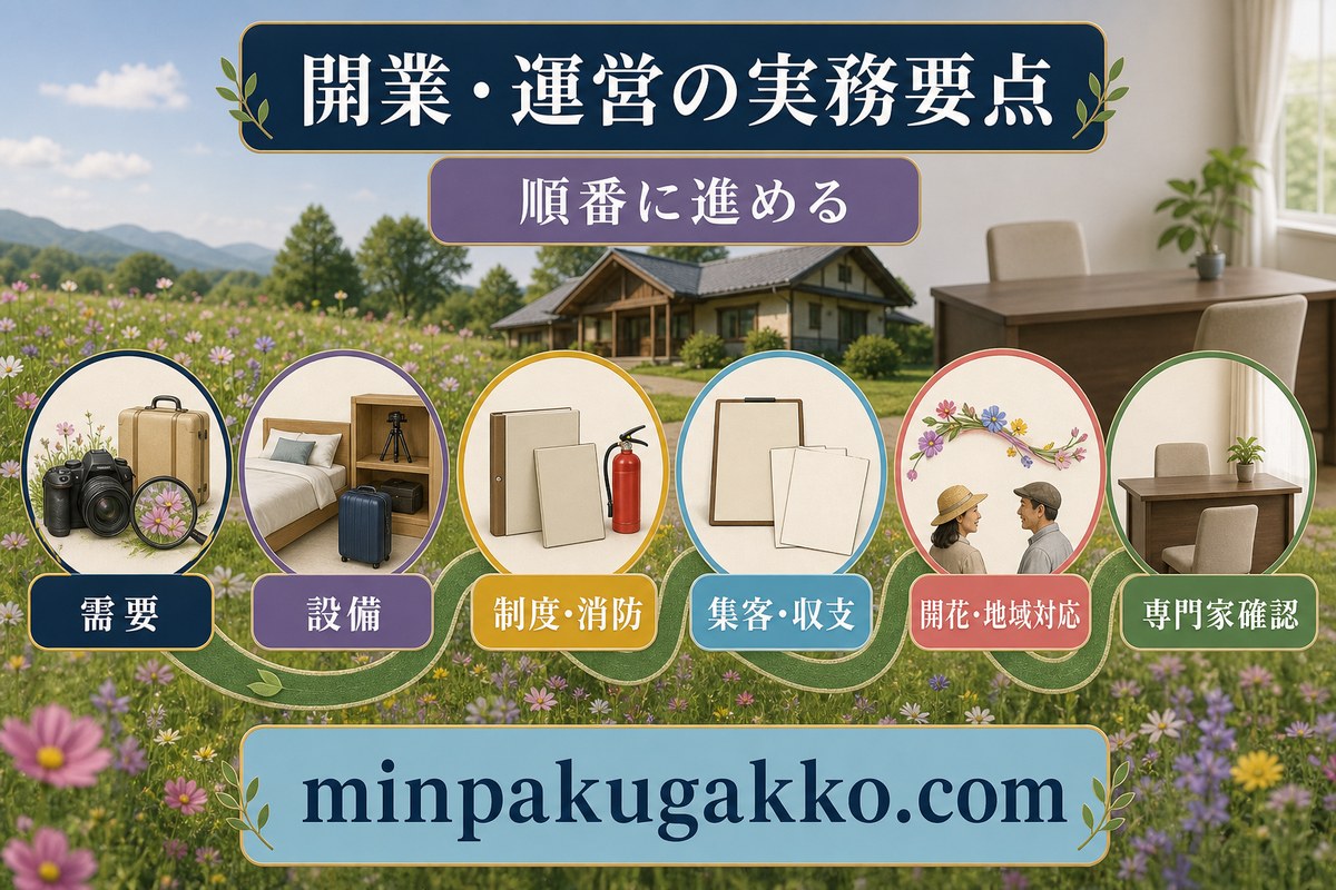 需要、設備、制度と消防、集客と収支、開花と地域対応、専門家確認を順番に進める花観光民泊のまとめ図