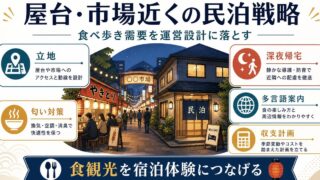 屋台・市場近くの民泊で立地、深夜帰宅、匂い対策、多言語案内、収支計画を整える図解
